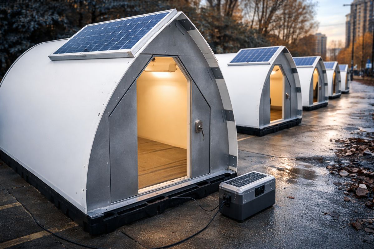 Tendas com piso isolado e carregador solar surgem como abrigo temporário e passo para moradia mais segura nas ruas de Portland.