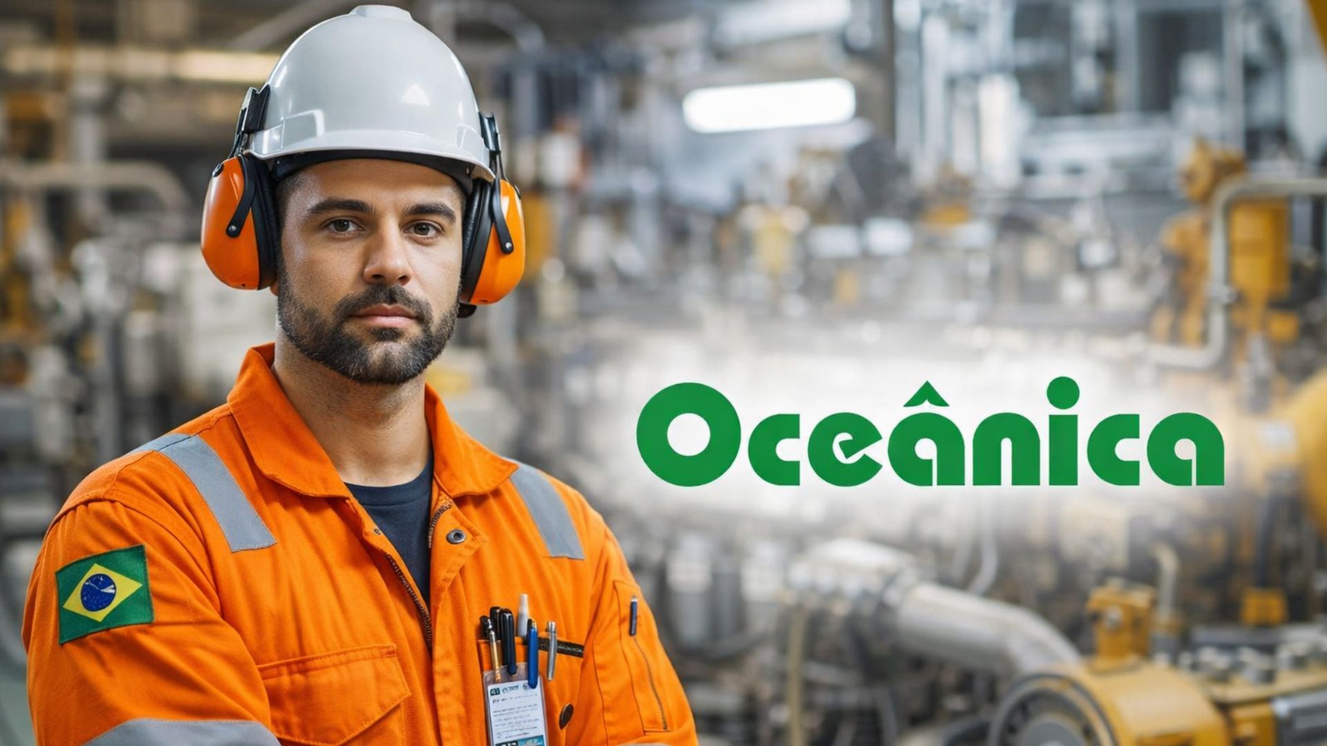 Marinheiro de Máquinas em sala de máquinas offshore com uniforme laranja e logotipo da Oceânica ao lado