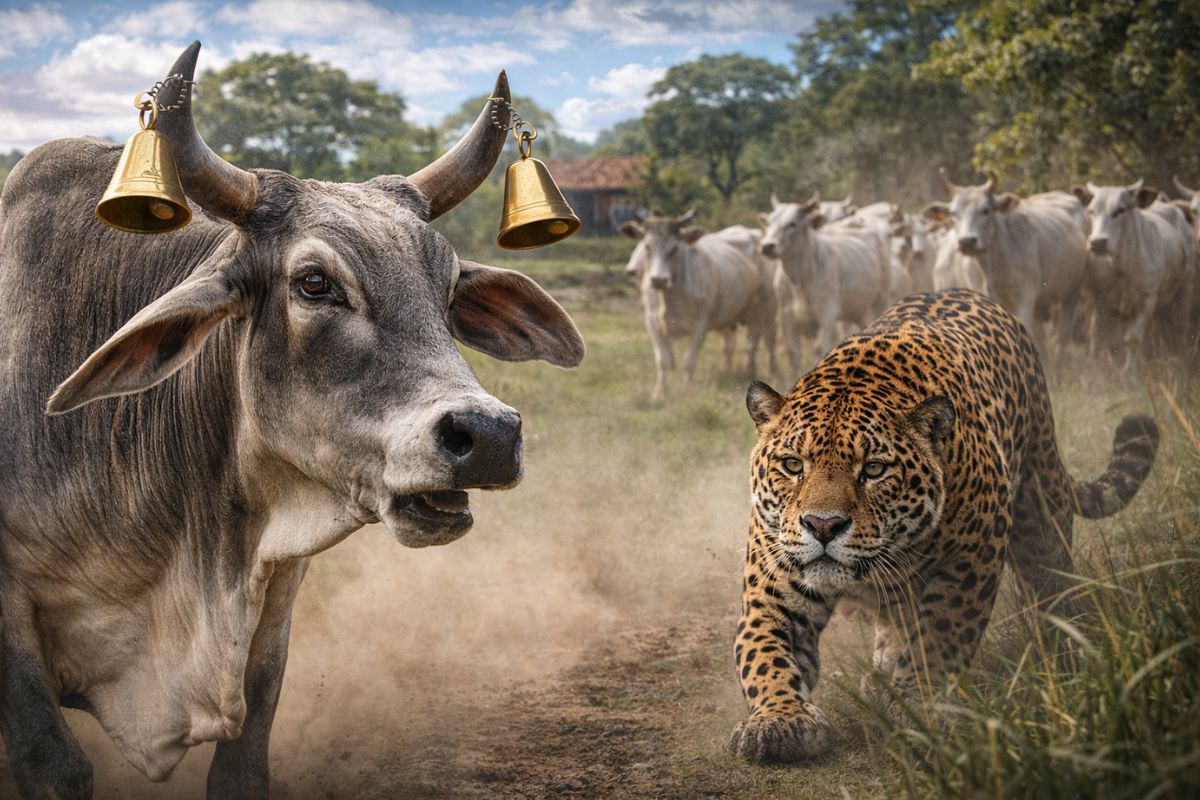 Onça já levou 40 bezerros e fazenda reage escolhem vaca Guzerá mais brava, furam o chifre e colocam dois sinos de alerta para espantar ataques até o Ibama chegar aqui