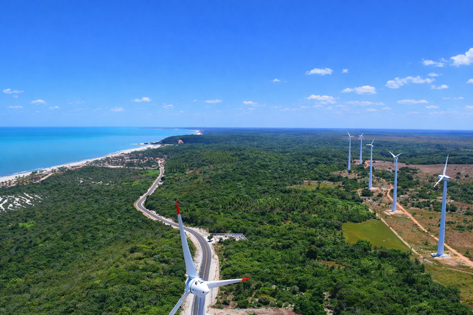 Vista aérea nítida de parque eólico próximo ao litoral, com turbinas alinhadas, estrada sinuosa, vegetação verde e céu azul com poucas nuvens.