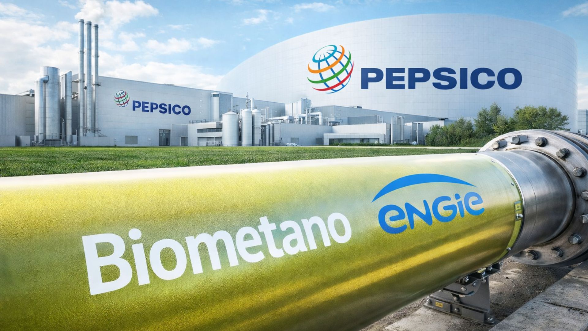 Tubulação de biometano com logotipo da Engie em primeiro plano conectada a complexo industrial da PepsiCo ao fundo, representando energia renovável e descarbonização industrial.