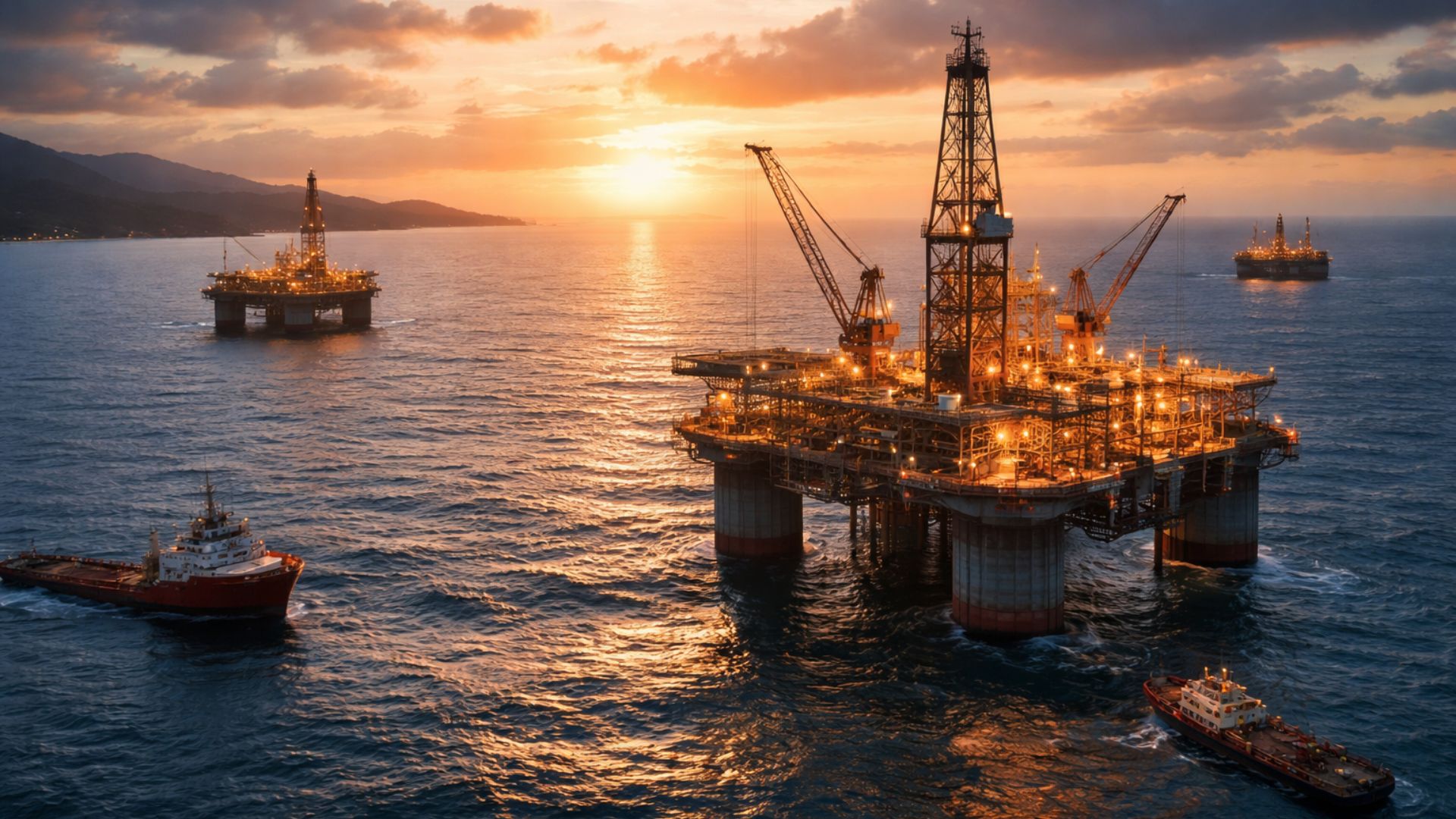 Plataformas de petróleo offshore operando ao pôr do sol no oceano, representando a expansão da produção no Brasil, Guiana e Argentina.