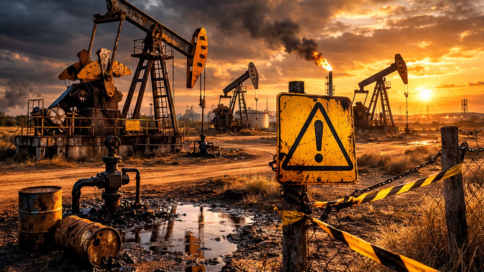 Bombas de petróleo terrestres enferrujadas em operação ao pôr do sol, com placa de alerta amarela em primeiro plano, simbolizando queda na produção no RN.