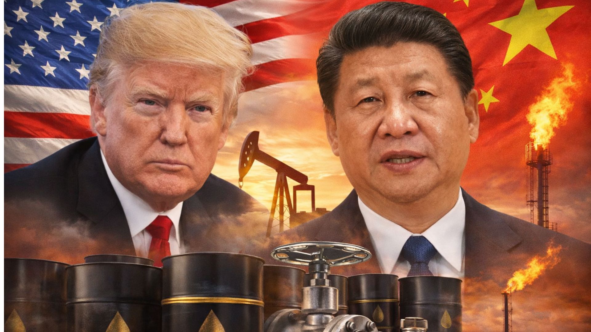 Donald Trump e Xi Jinping em montagem digital com bandeiras dos Estados Unidos e da China ao fundo, barris de petróleo e estruturas industriais simbolizando energia e comércio internacional.