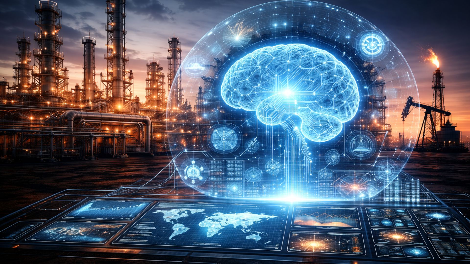 Ilustração realista de refinaria de petróleo ao entardecer com estruturas industriais iluminadas e um holograma digital em formato de cérebro representando inteligência artificial e análise de dados.