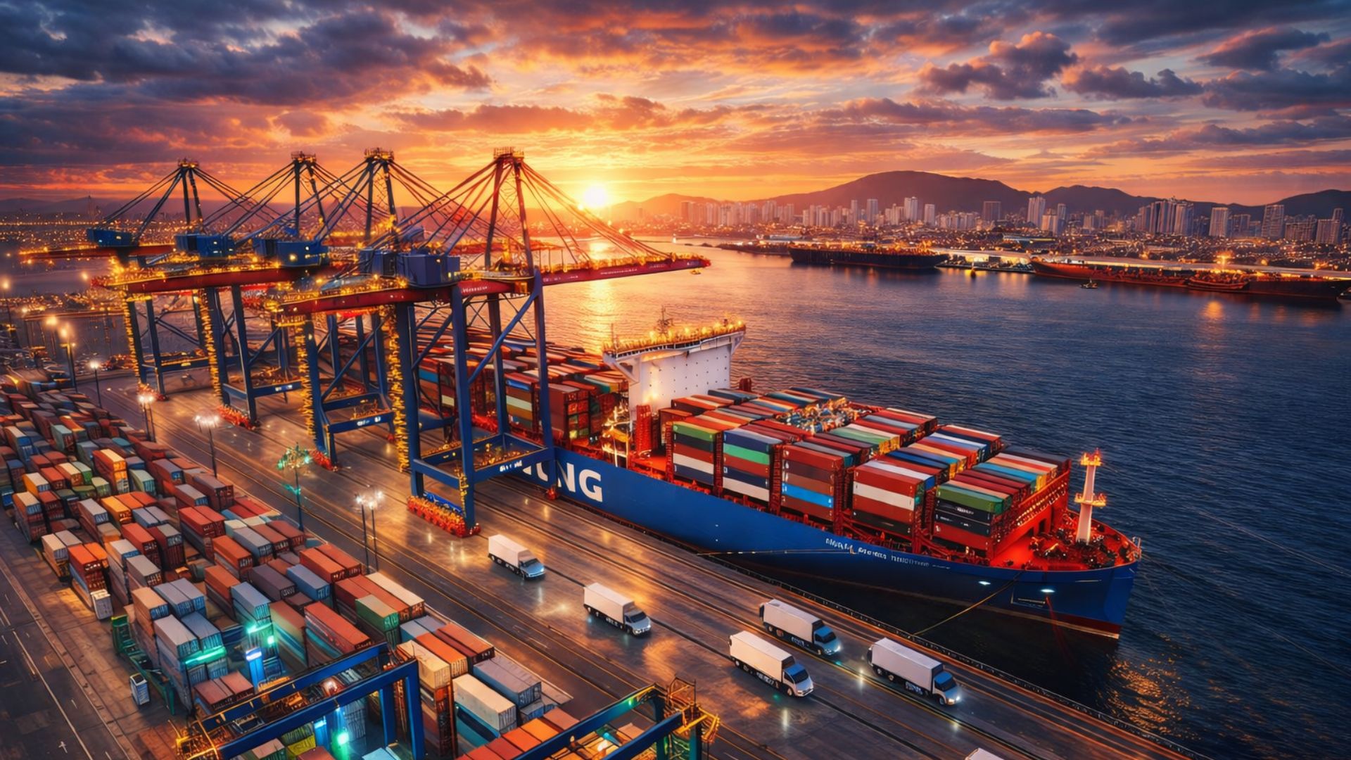 Porto de Santos ao entardecer com navio porta-contêineres atracado, guindastes iluminados, caminhões elétricos e pilhas de contêineres coloridos em operação logística moderna e sustentável.