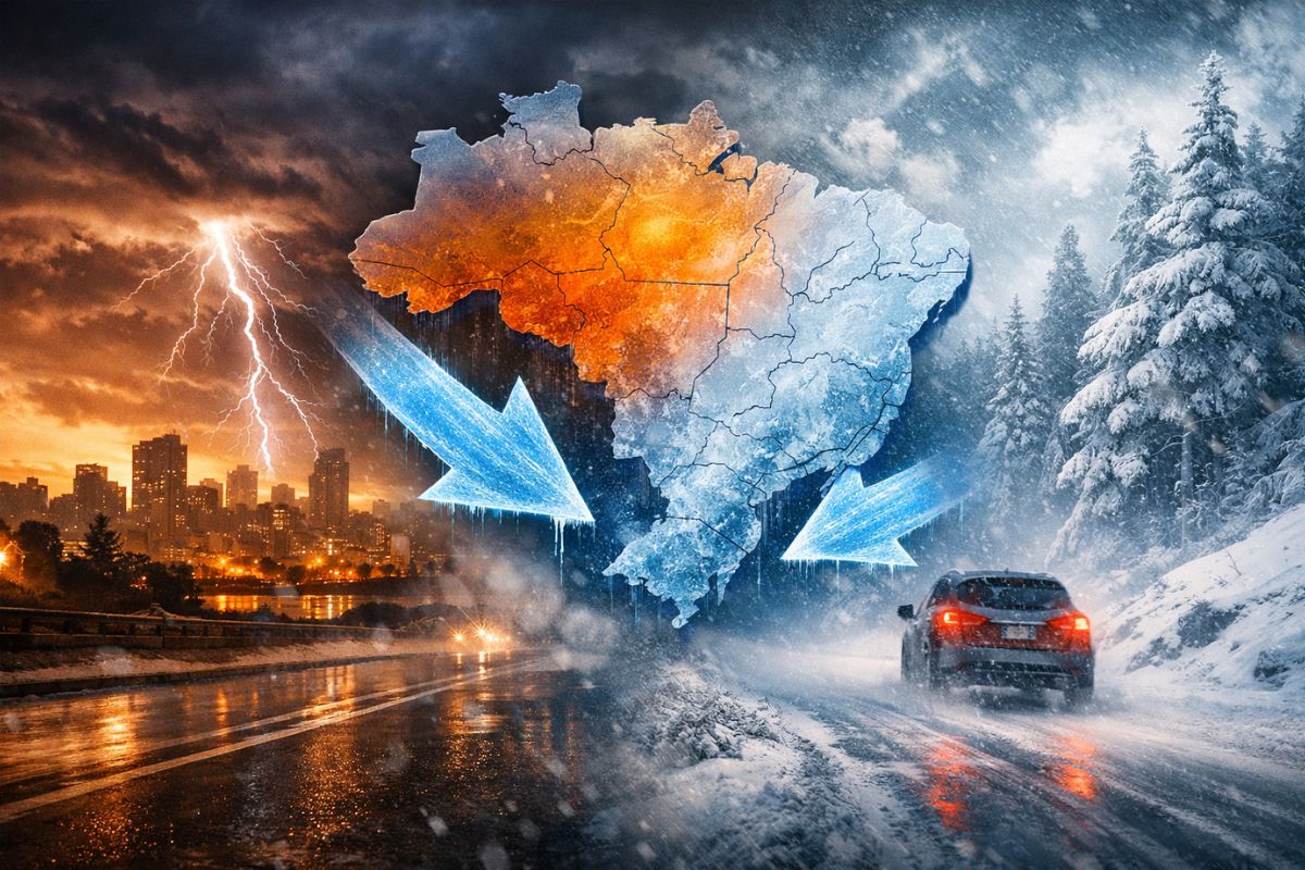 Frio avança com massa de ar frio e frente fria, derruba calorão e reduz temperatura no Sul e Sudeste ao longo da semana.