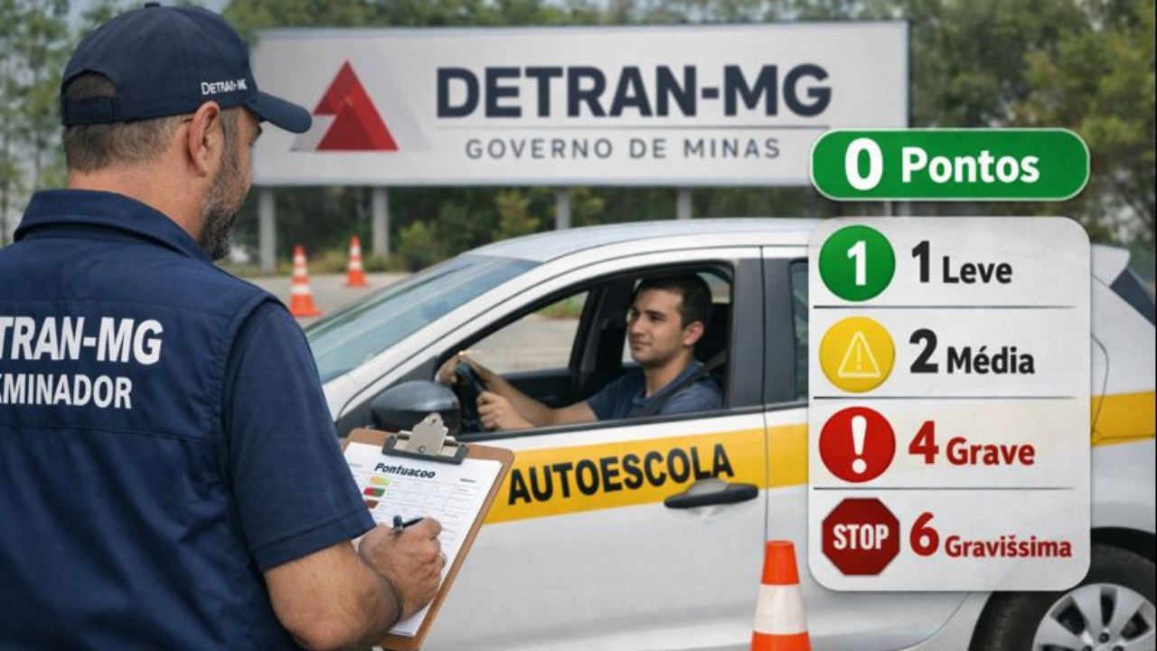 Manual Contran altera a prova prática do exame de direção com sistema de pontuação. Detran-MG analisa cronograma de implantação.