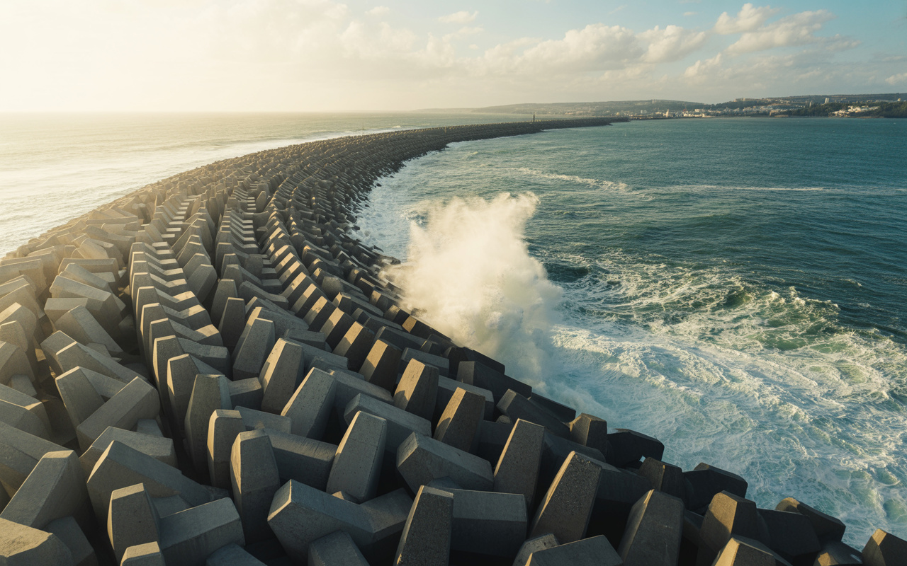 Para proteger o maior porto de águas profundas de Portugal, engenheiros lançaram blocos artificiais de concreto com até 90 toneladas cada em mar aberto, criando um quebra-mar capaz de resistir às ondas mais violentas do Atlântico