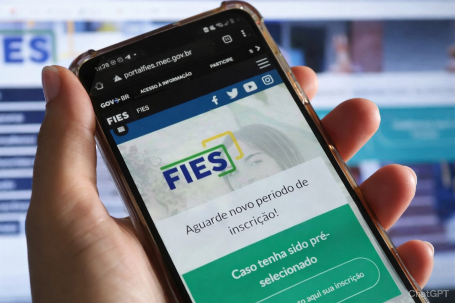 Mão feminina segurando um celular com a página do FIES aberta no site do governo brasileiro.