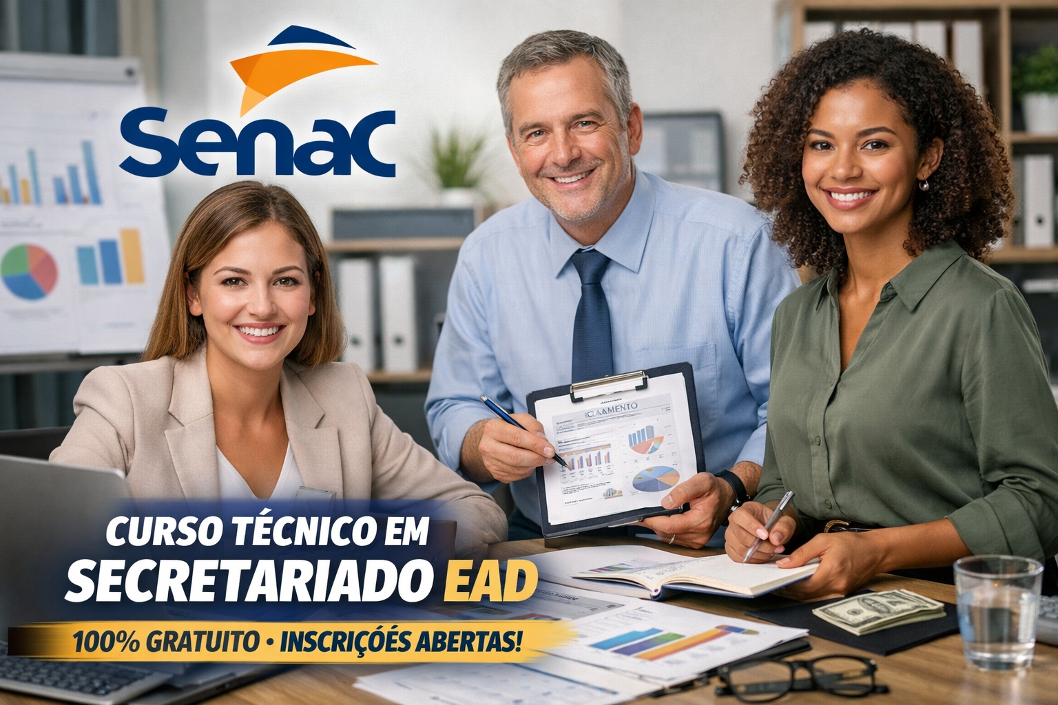 SENAC convoca para curso Técnico em Secretariado EAD com exemplos práticos do trabalho nas empresas com elaboração de planilhas, orçamentos, apoio a atividades financeiras administrativas e mais