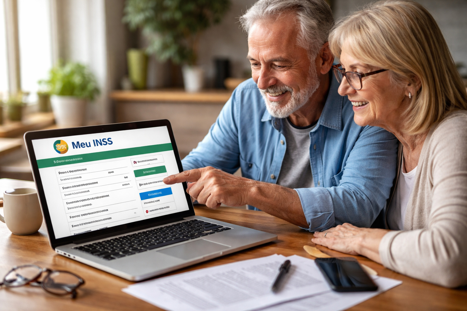 Casal de idosos utilizando notebook para consultar o simulador de aposentadoria do INSS no Meu INSS em ambiente doméstico