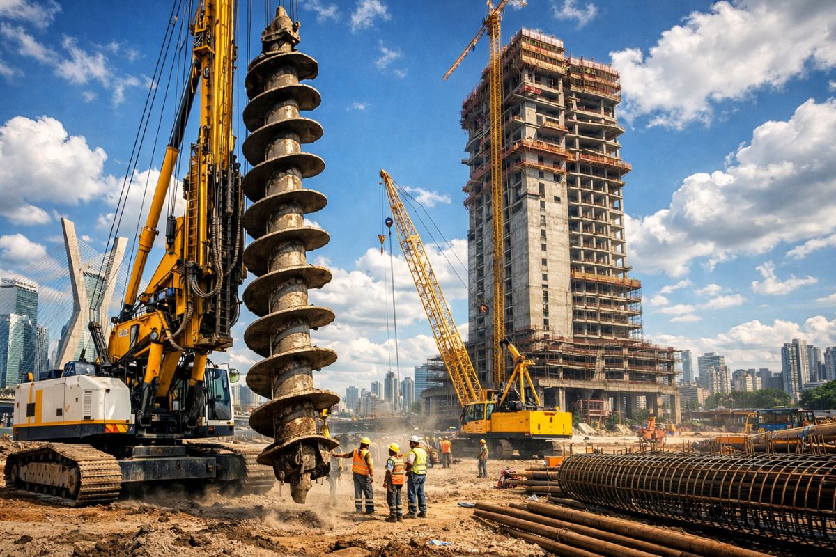 Sábado de carnaval chega a maior hélice contínua do Brasil, máquina italiana de 87 toneladas que vai furar estacas de 40 metros e turbinar a fundação inteira do Senna Tower (1)