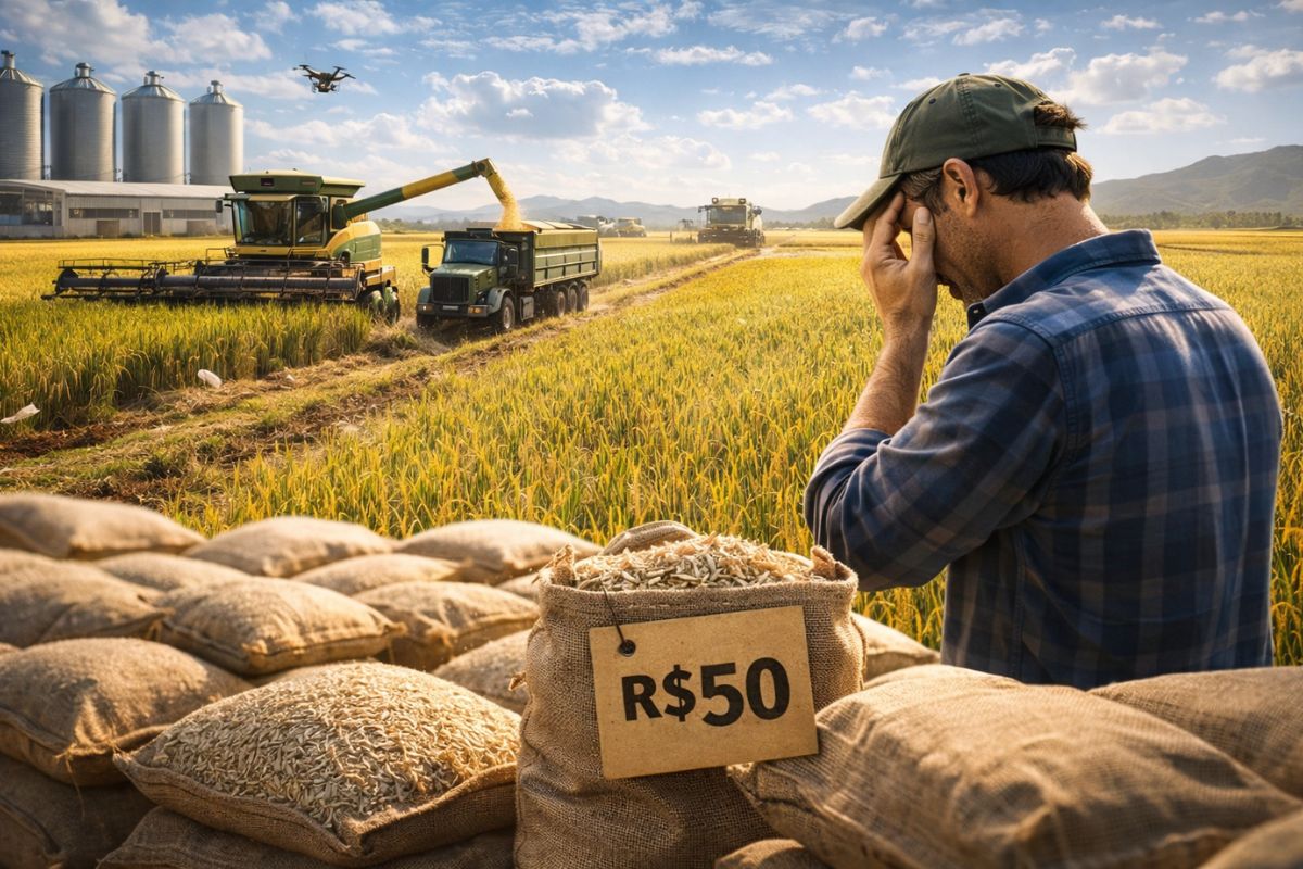 Santa Catarina abre a colheita do arroz com safra gigante, mas o preço despenca 143 mil hectares, 1,2 milhão de toneladas e saca a R$ 50, enquanto estoques pressionam o produtor
