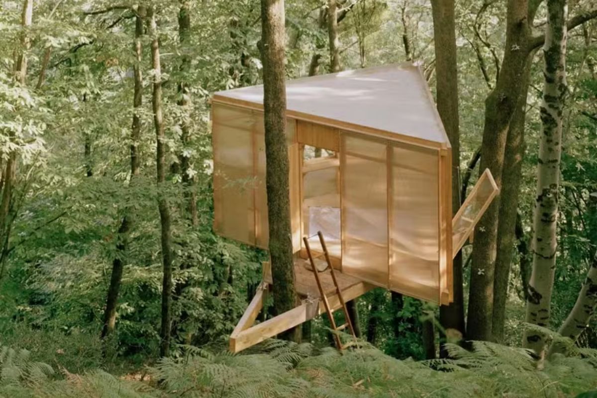 Casa suspensa e casa triangular na floresta suíça usam policarbonato translúcido para integrar casa e paisagem sem fundações. Foto: Instagram/@peter.tillessen/Reprodução