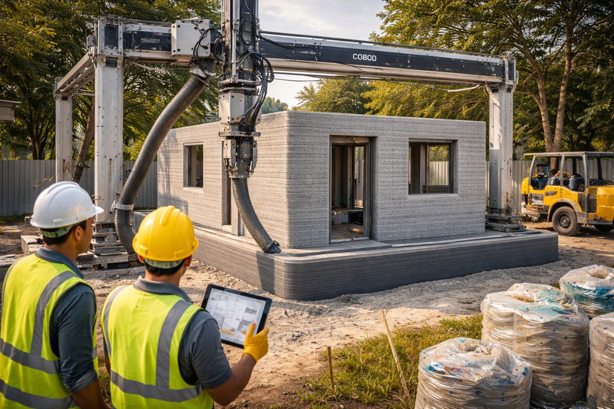 paredes de concreto em Concepción com robô industrial e Atenea-UBB imprimem casa-semente em 29 horas; montagem em dois dias e debate sobre custo.