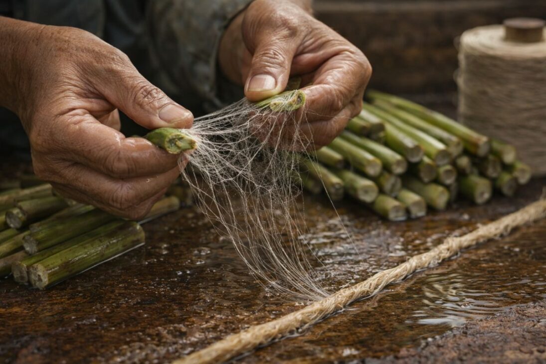 Vea cómo la cuerda de sisal y la seda de loto se convierten en una tela rarísima con fibra natural en producción artesanal que contrasta la fuerza bruta y la paciencia.