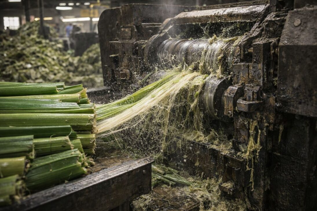 Vea cómo la cuerda de sisal y la seda de loto se convierten en una tela rarísima con fibra natural en producción artesanal que contrasta la fuerza bruta y la paciencia.