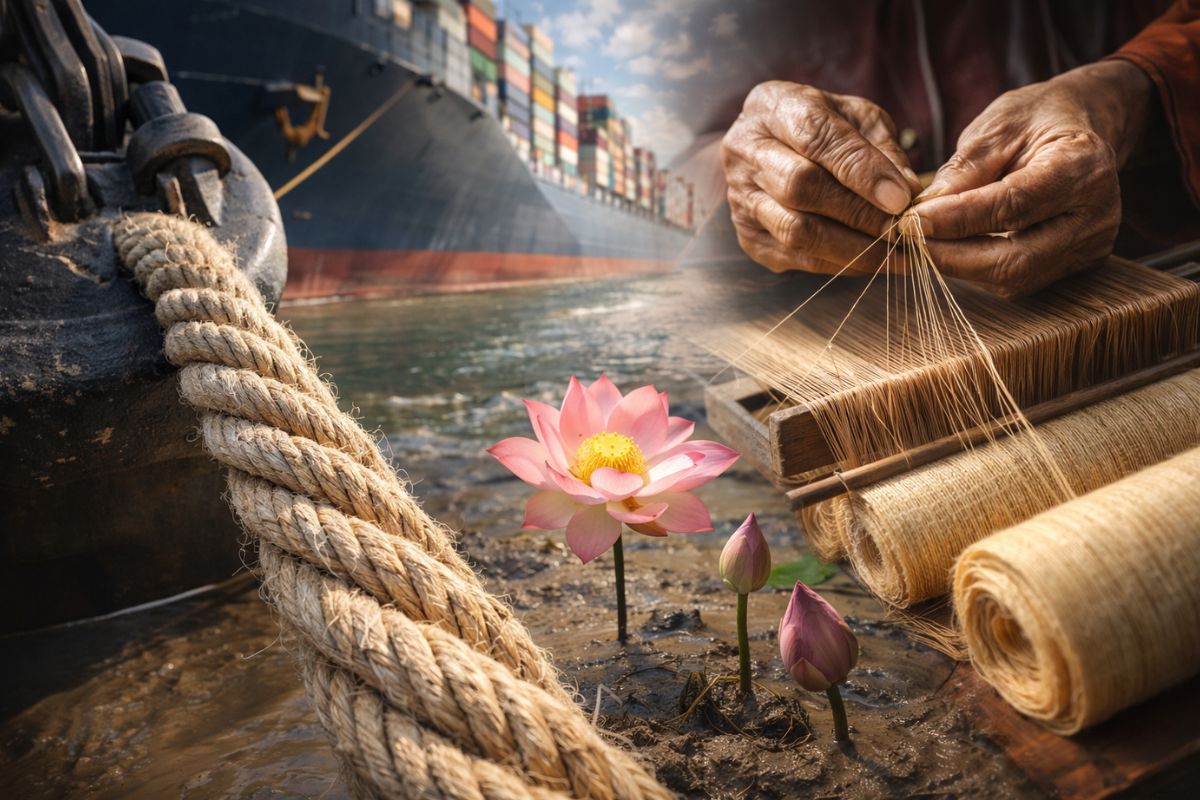 Sisal vira corda capaz de ancorar navios, enquanto da lama surge o lótus, que gera um tecido raríssimo feito à mão o choque entre força industrial e paciência humana