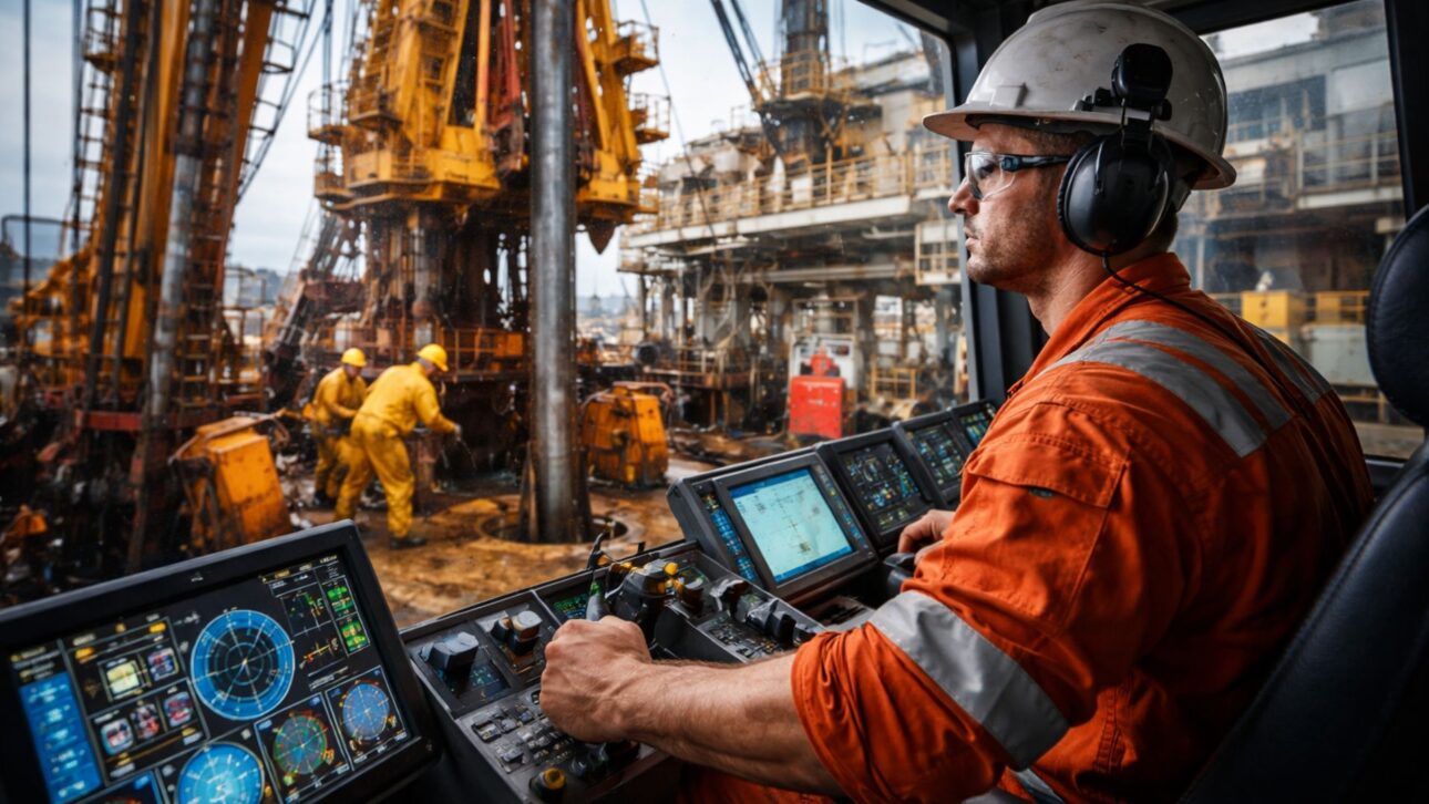 Sondador offshore con casco y mono naranja en plataforma de petróleo marítima al atardecer, usando equipos de protección y observando la operación en el mar.