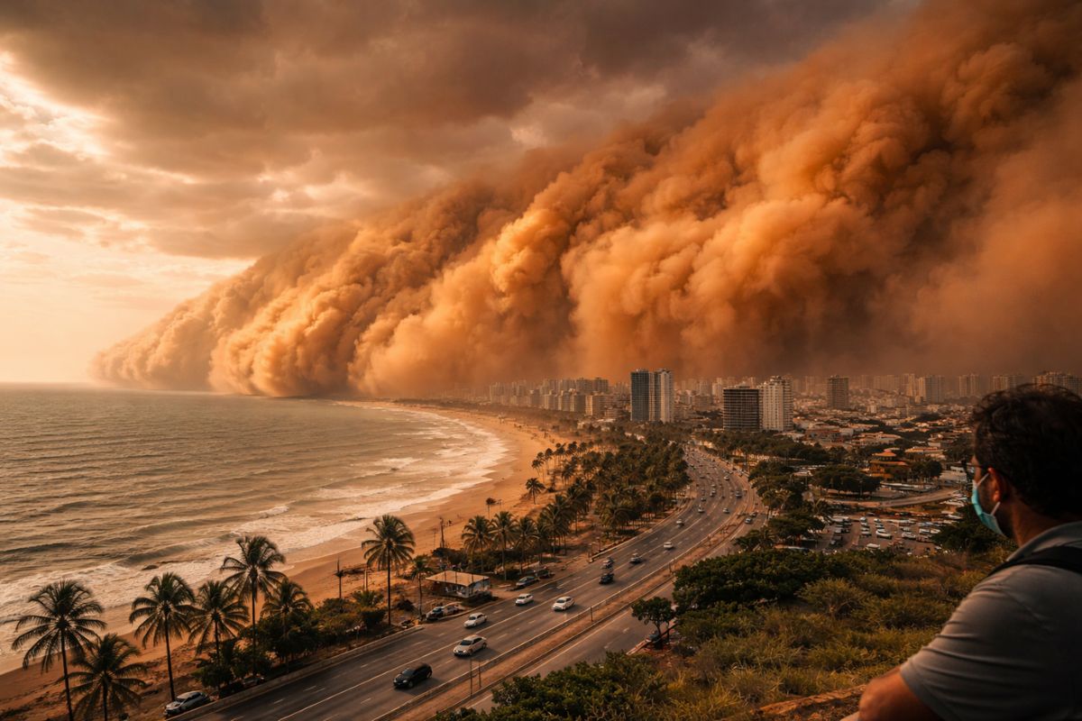 Tempestade de poeira do Saara traz PM2,5 para Norte e Nordeste, com visibilidade menor, céu turvo e desconforto respiratório temporário.