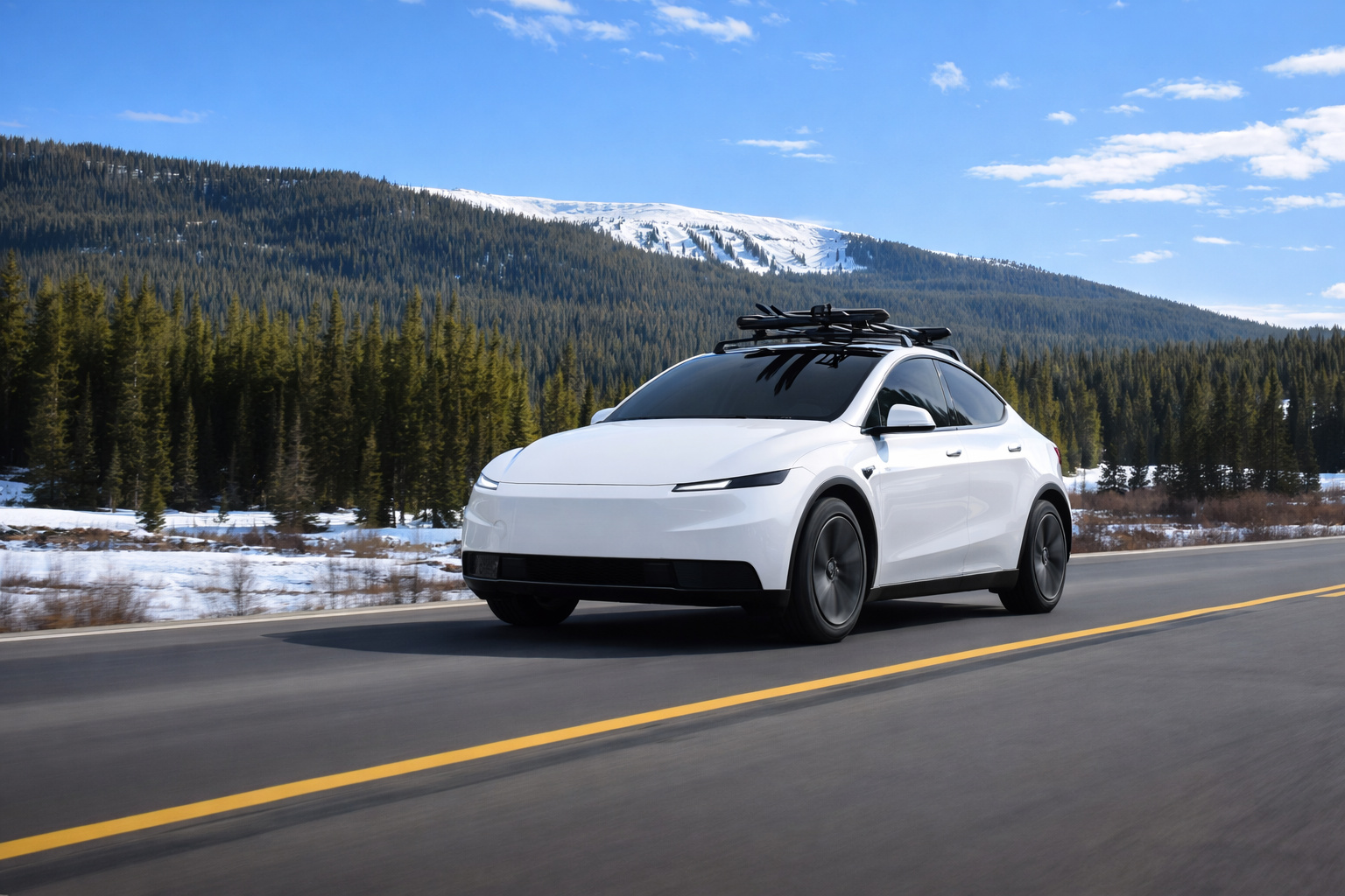 SUV elétrico branco dirigindo em estrada cercada por floresta e montanhas com neve sob luz do meio-dia.