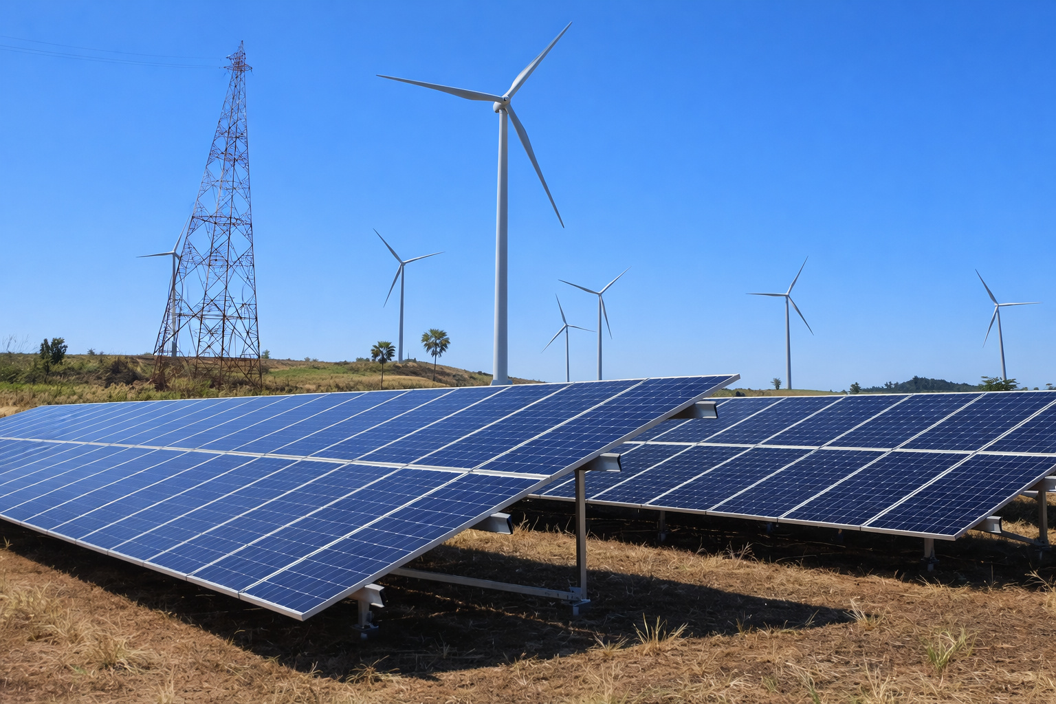 Painéis solares e turbinas eólicas em campo aberto sob céu limpo ao meio-dia, representando energia renovável.