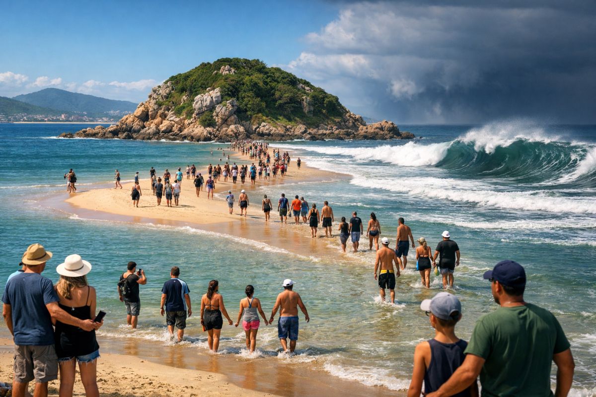 Praia da Vila em Imbituba surpreende com banco de areia que aproxima a Ilha de Santana de Dentro; oceanógrafa alerta que ondulação maior pode reabrir canal de retorno e transformar a travessia em risco.