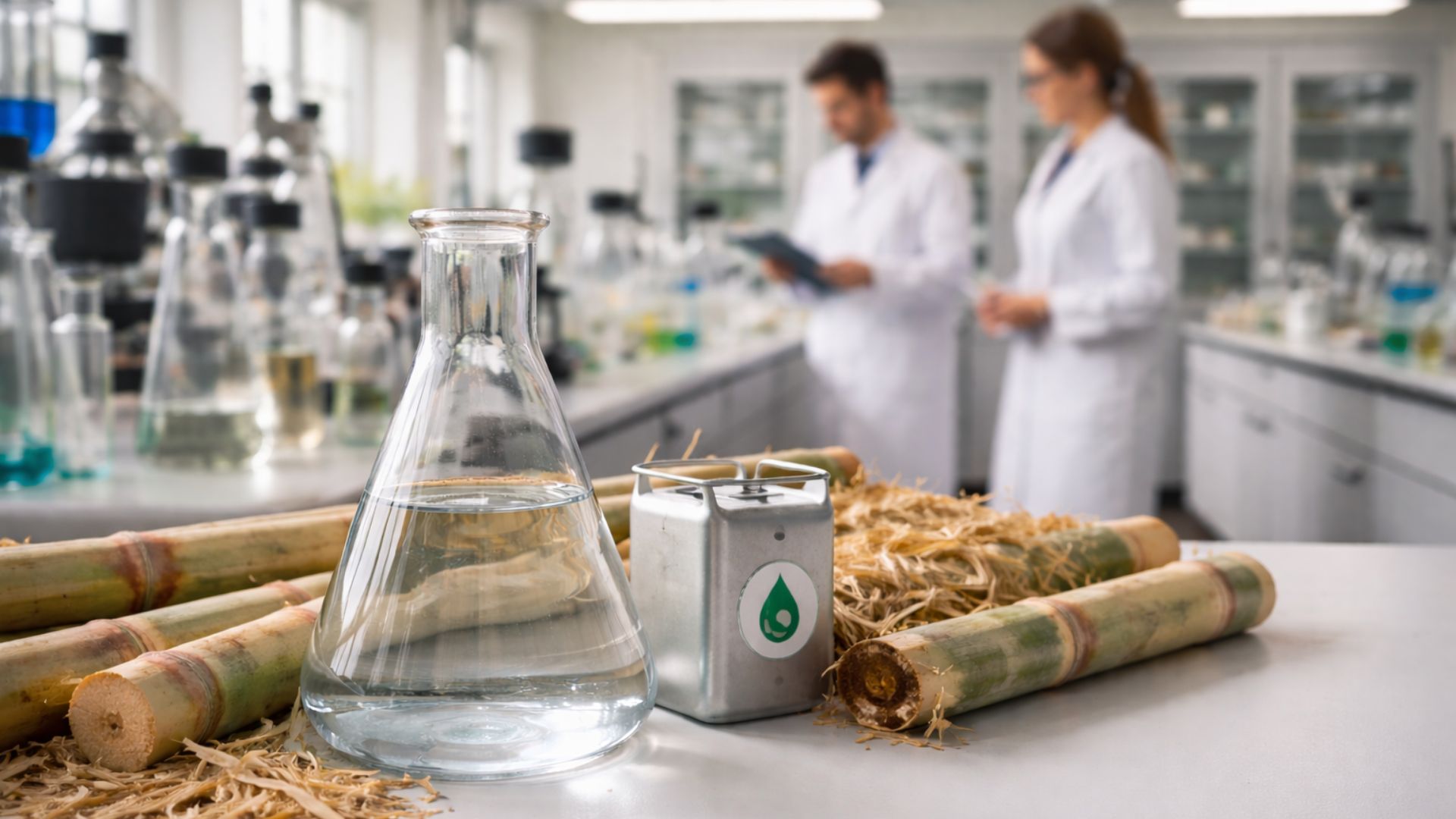 Frasco de vidro com etanol transparente sobre bancada de laboratório ao lado de cana-de-açúcar, com cientistas desfocados ao fundo.