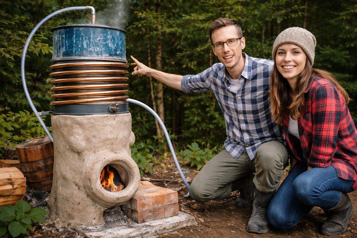 Aquecedor de água fora da rede em Quebec usa fogão a foguete, barril elevado, tubos de cobre e termossifão para aquecer banho sem propano, bomba ou eletricidade, priorizando autonomia, eficiência e atenção à segurança no uso diário.