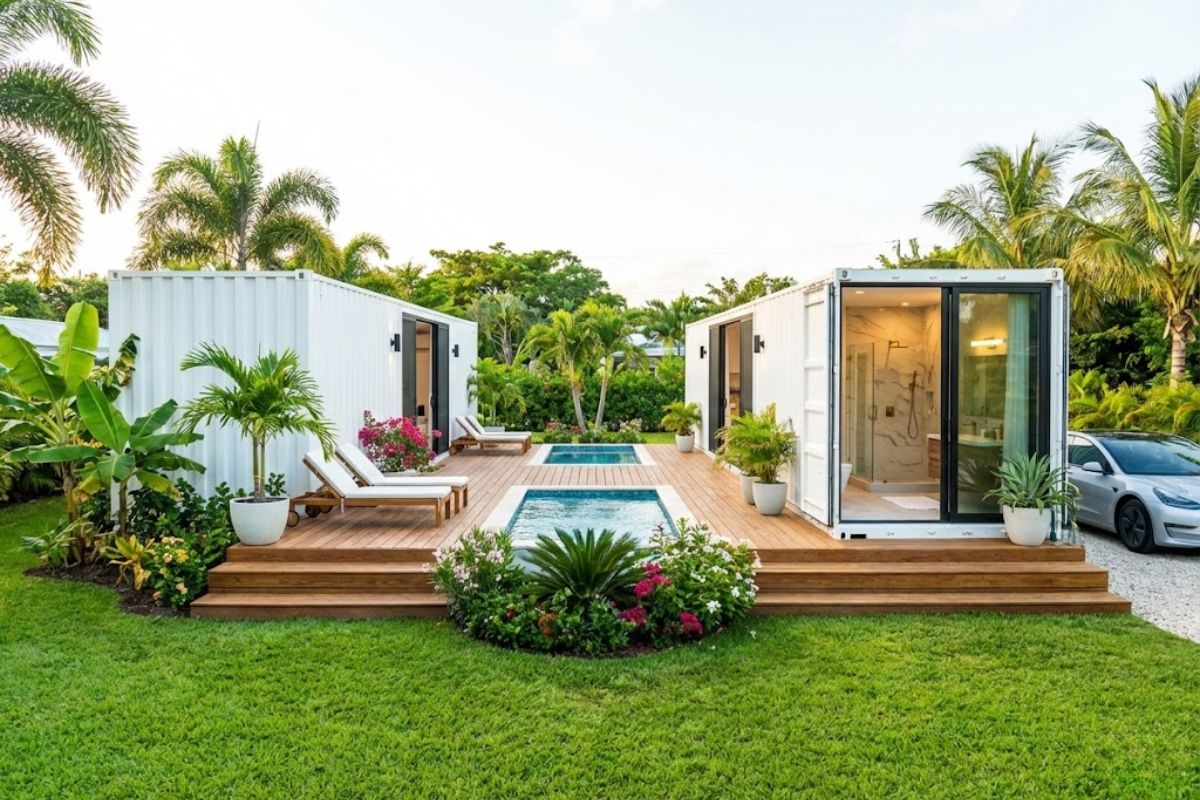 casa contêiner e minicasa em La Vega: banheiro ampliado, piscina e aluguel no Airbnb mostram como um contêiner virou duas unidades.