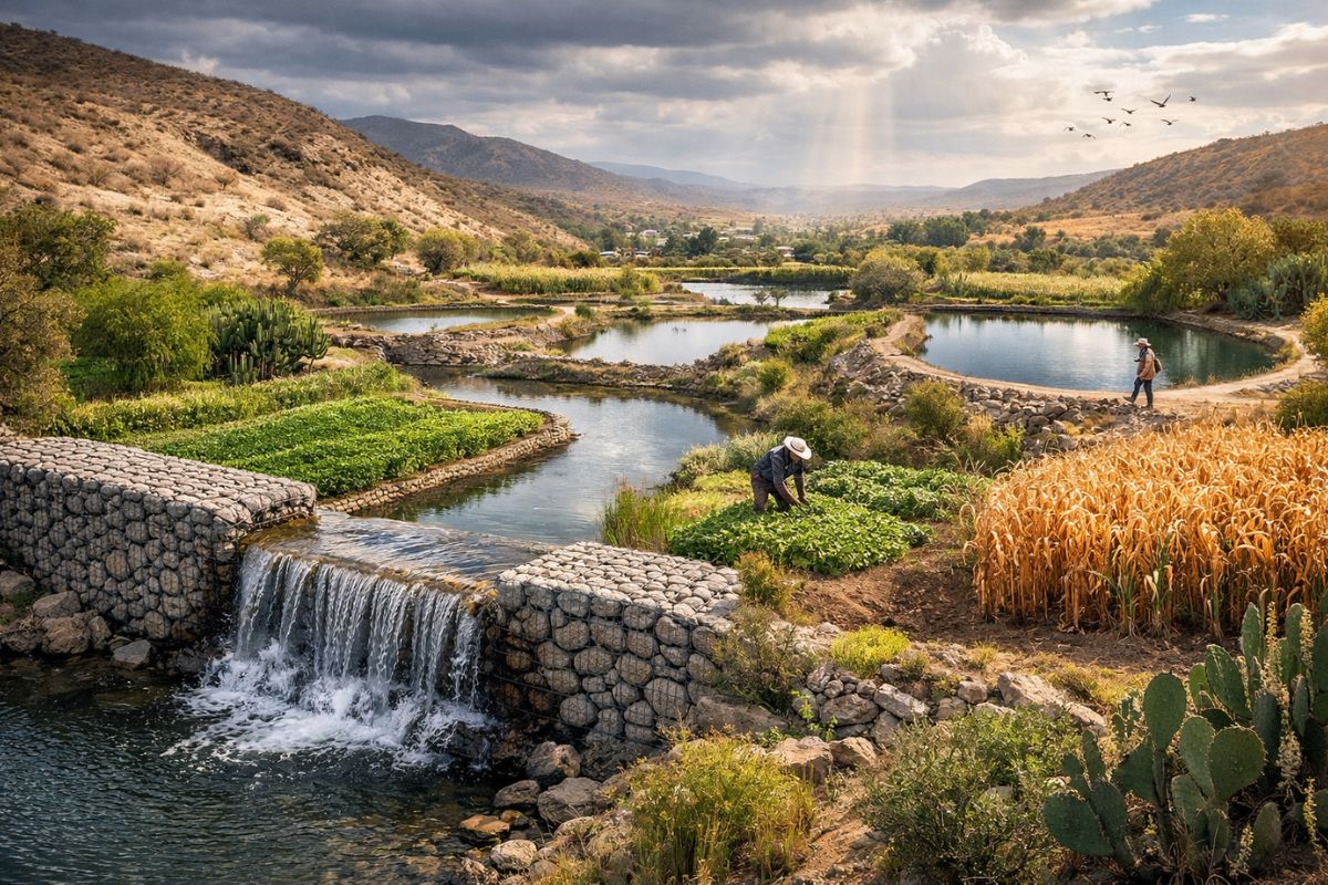 programa Agua para Siempre na Mixteca Popoloca explica como retenes e gabiões criam terraços esponja, recarregam aquíferos e chegam ao Museu da Água como método para colheita e biodiversidade no semiárido.