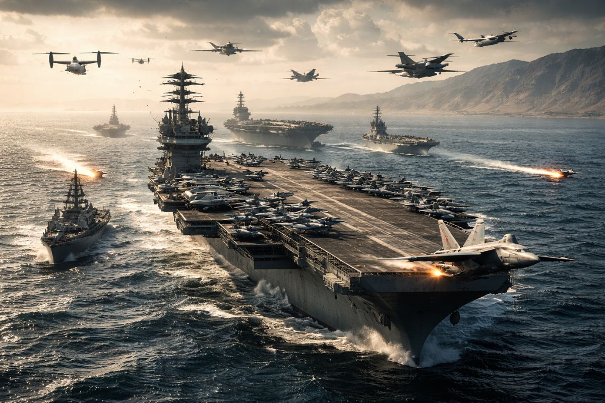Marinha dos Estados Unidos concentra forças no Golfo Pérsico perto do Irã, com porta-aviões e o estreito de Ormuz no centro da tensão, reacendendo comparações com 1991 e 2003 e dúvidas sobre o que vem em 2026.