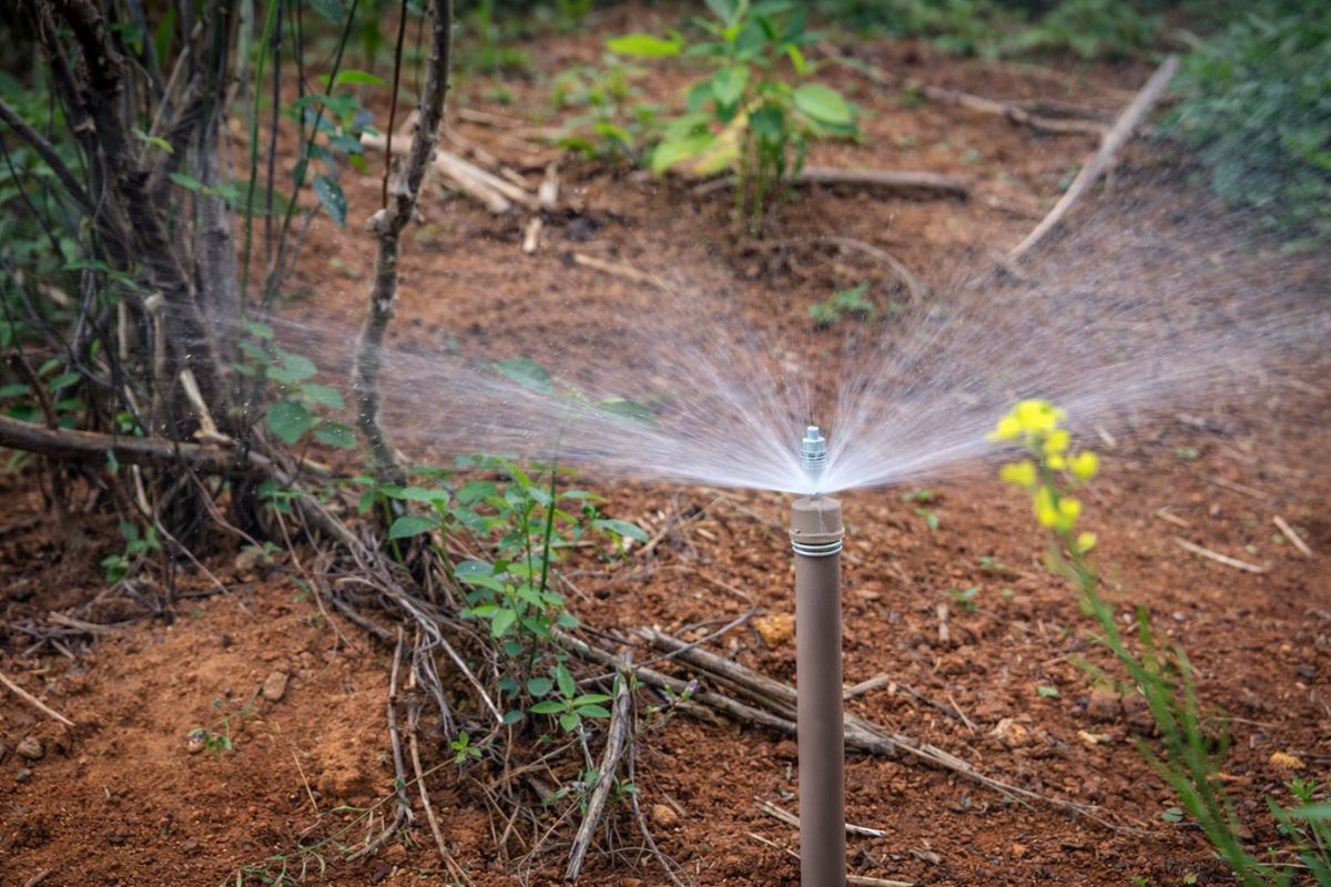 irrigador giratório com garrafa PET e tubo de PVC vira aspersor no jardim, gira por pressão e ajuda a economizar água e tempo.