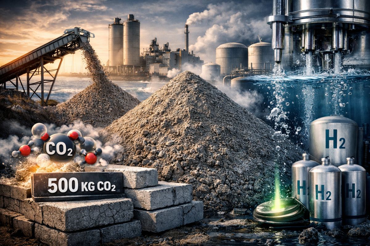 concreto que armazena CO2 com água do mar, gera hidrogênio limpo e usa mineralização do CO2 para substituir areia e reduzir emissões.