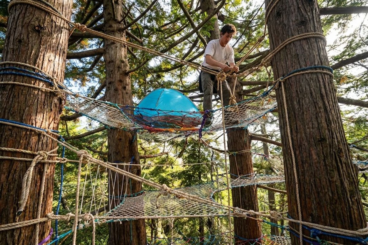 Casa na árvore com corda, nós, tensão e estrutura em teste real mostra como técnica e segurança definem uma noite suspensa.