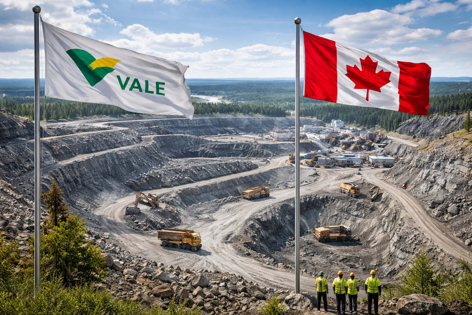 Mina de níquel a céu aberto no Canadá com caminhões fora de estrada, escavadeiras e bandeiras do Canadá e da Vale ao fundo.