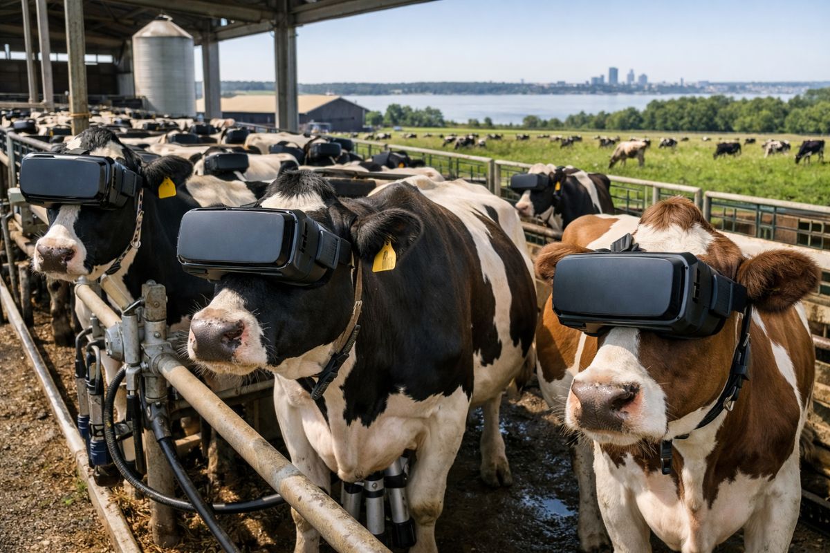 Vacas usam óculos de realidade virtual, reduzem estresse, veem pastos verdes, aumentam produção de leite de 22 para 27 litros e mostram como tecnologia muda fazendas (2)