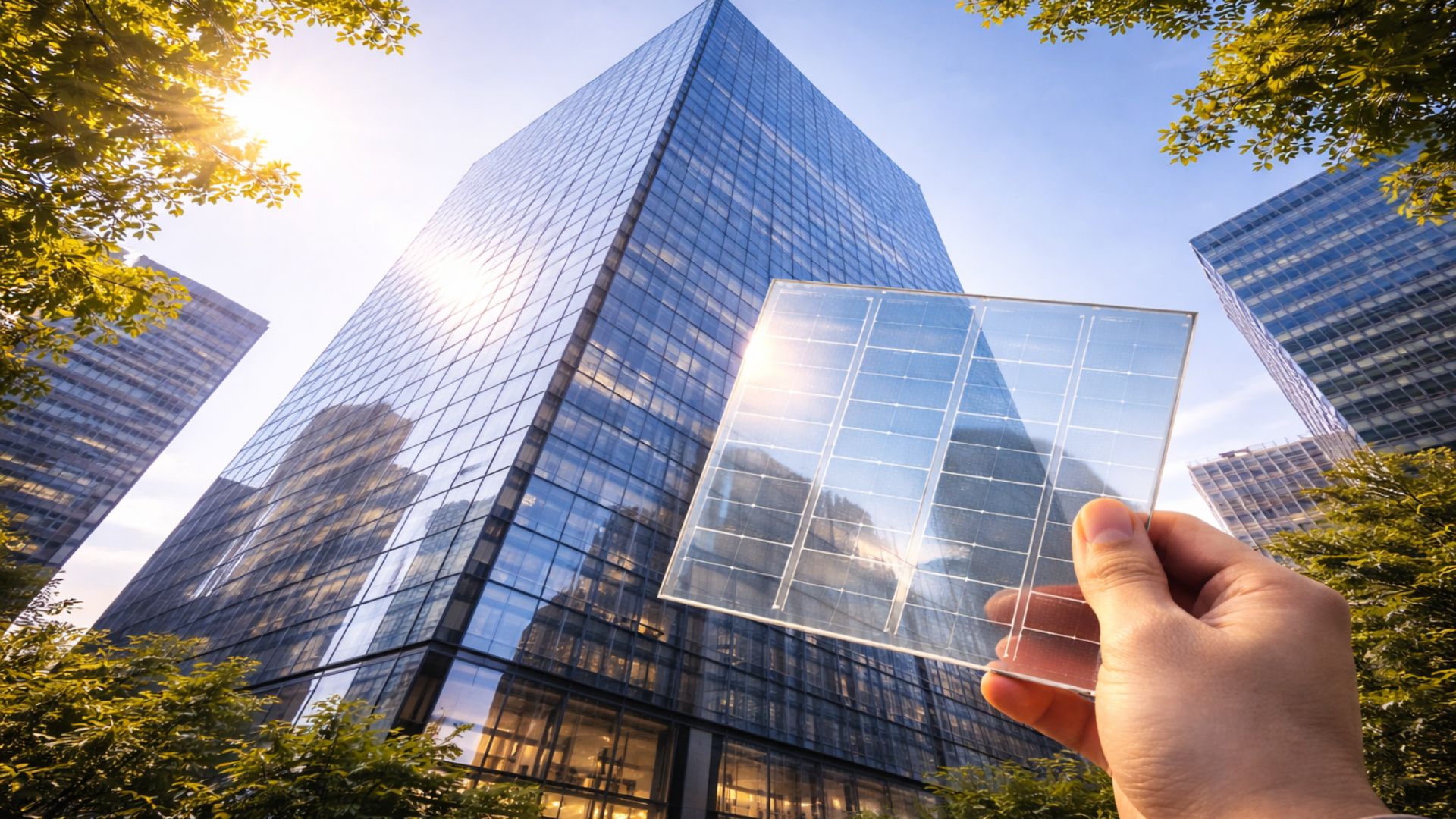 Prédio moderno com fachada de vidro fotovoltaico refletindo o sol enquanto uma mão segura um painel solar transparente em primeiro plano, em um centro urbano.