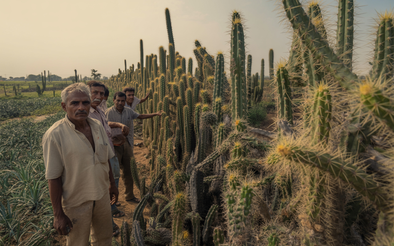 Agricultores da Índia abandonam o arame farpado, usam cactos espinhosos como cercas vivas, reduzem custos por décadas e transformam plantas resistentes em barreiras rurais praticamente indestrutíveis