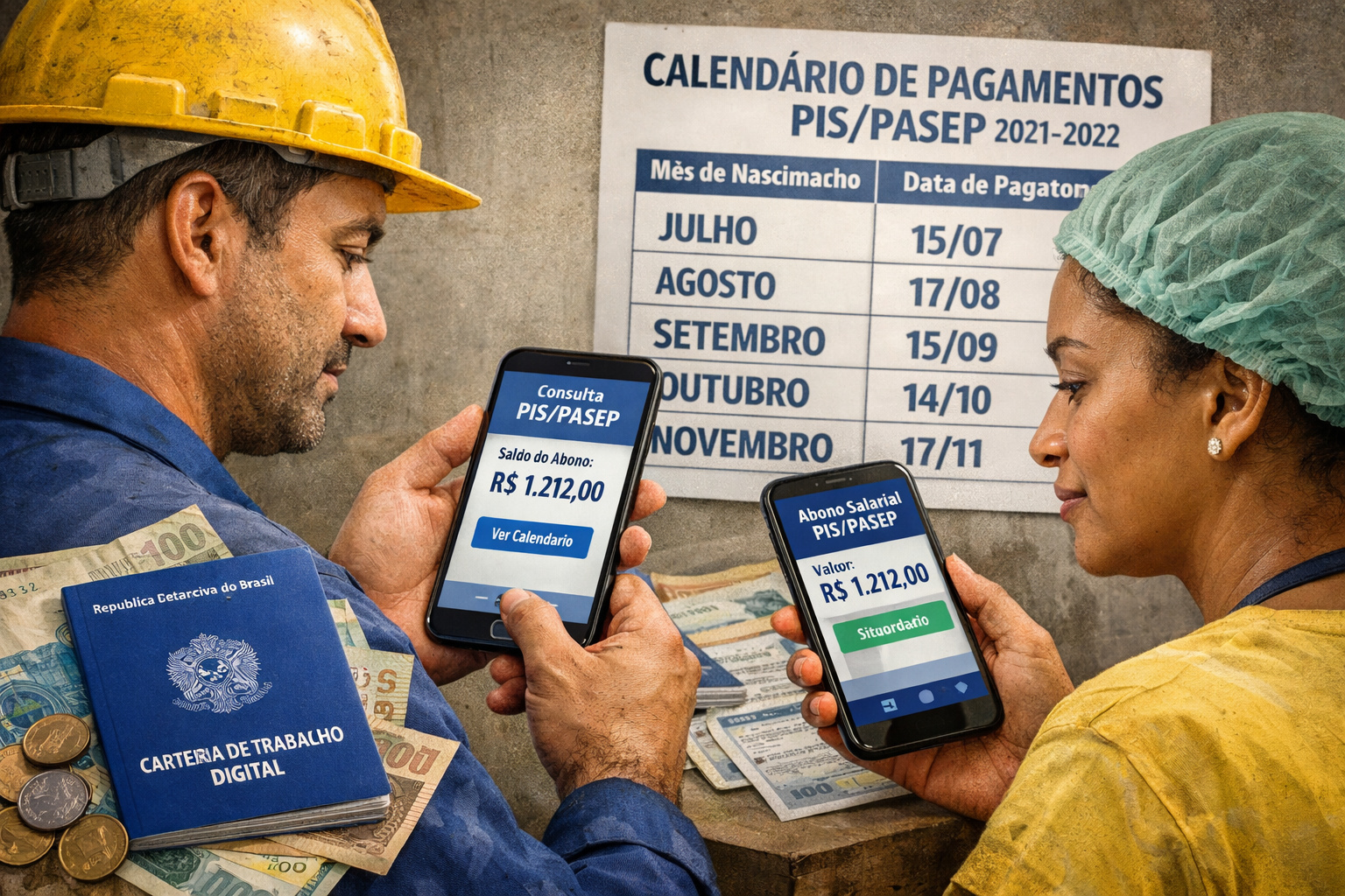 Trabalhadores consultando pagamento do abono salarial PIS/Pasep 2026