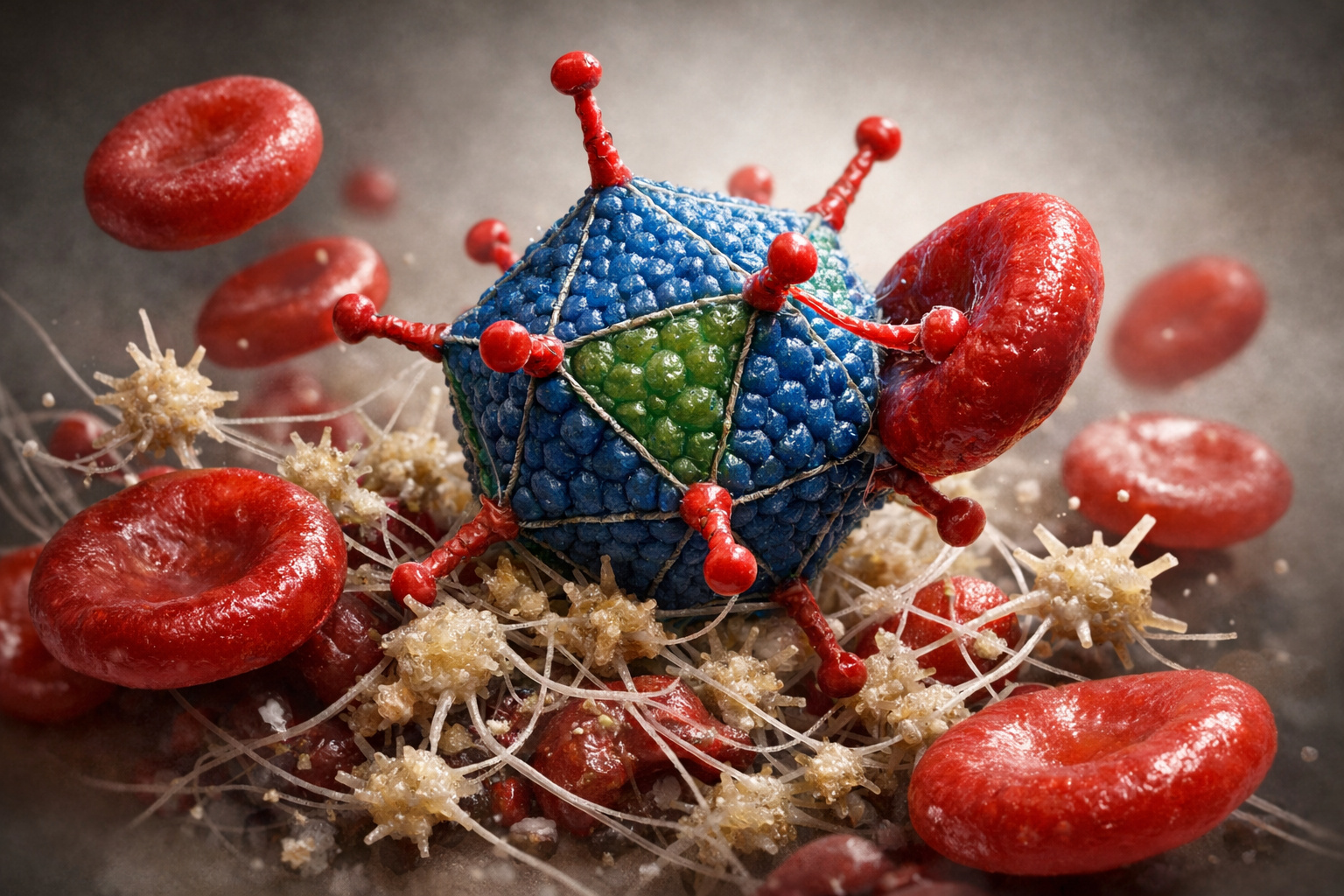 Ilustração científica de adenovírus e células do sangue explicando a origem de coágulos raros associados a vacinas contra a COVID-19