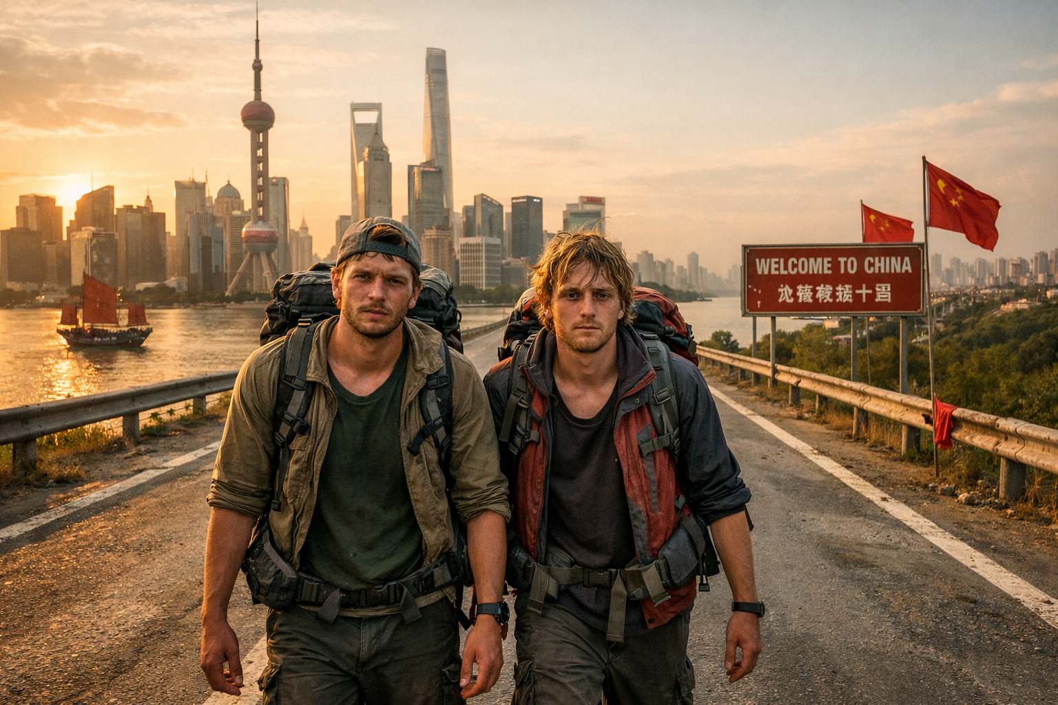 Dois amigos franceses caminhando até a China após 17 meses de jornada a pé desde a França.