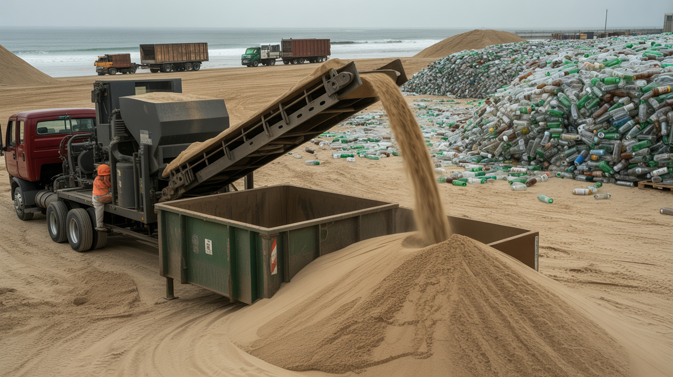 Essa região converte 5.200 garrafas de vidro descartadas diariamente em 1 tonelada de areia artificial que devolve praias perdidas para erosão costeira usando triturador que replica textura e cor da areia natural impedindo que vidro fique 1 milhão de anos em aterros