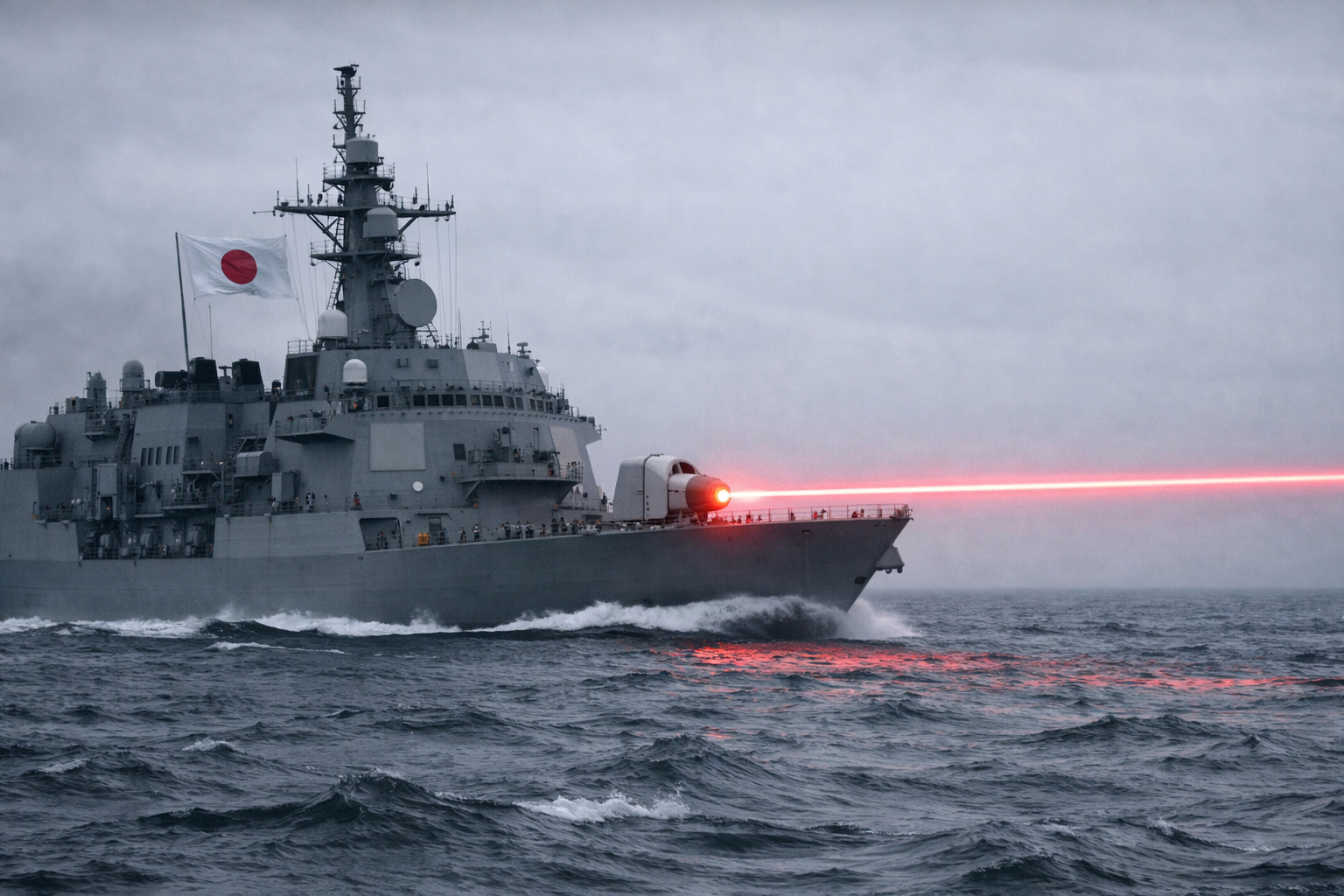 Arma a laser de 100 kW instalada em navio de guerra japonês durante testes no mar.
