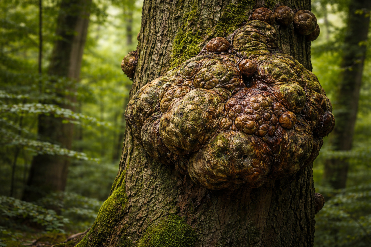 Galha volumosa em tronco de árvore causada por crescimento celular anormal, ilustrando tumor vegetal semelhante ao câncer em plantas