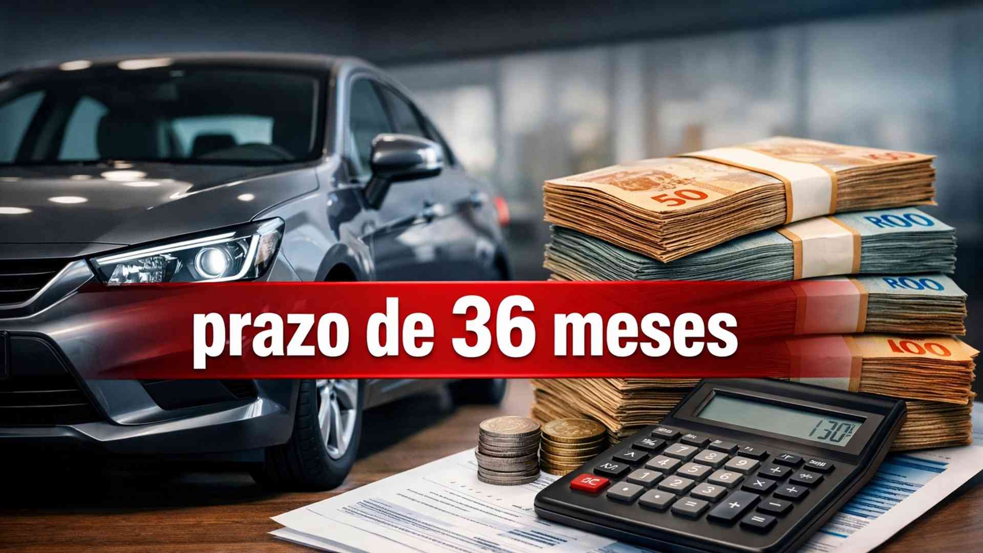 Simulação de financiamento de um carro mostra parcelas, juros pagos e custo final com entrada alta e prazo de 36 meses.