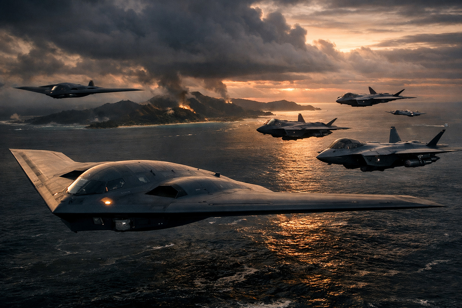 Bombardeiros B-21 Raider e caças F-47 em missão sobre o Indo-Pacífico.