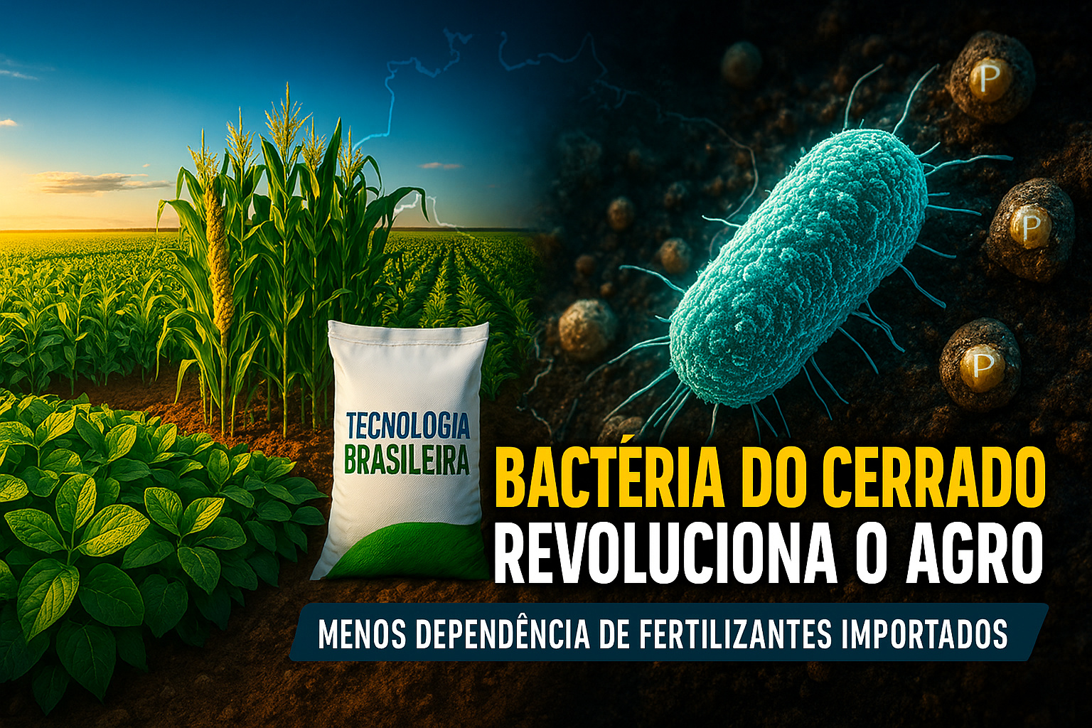 Brasil transforma bactéria do Cerrado em fertilizante biológico, reduz dependência de fosfato importado e leva tecnologia nacional para milhões de hectares de soja e milho