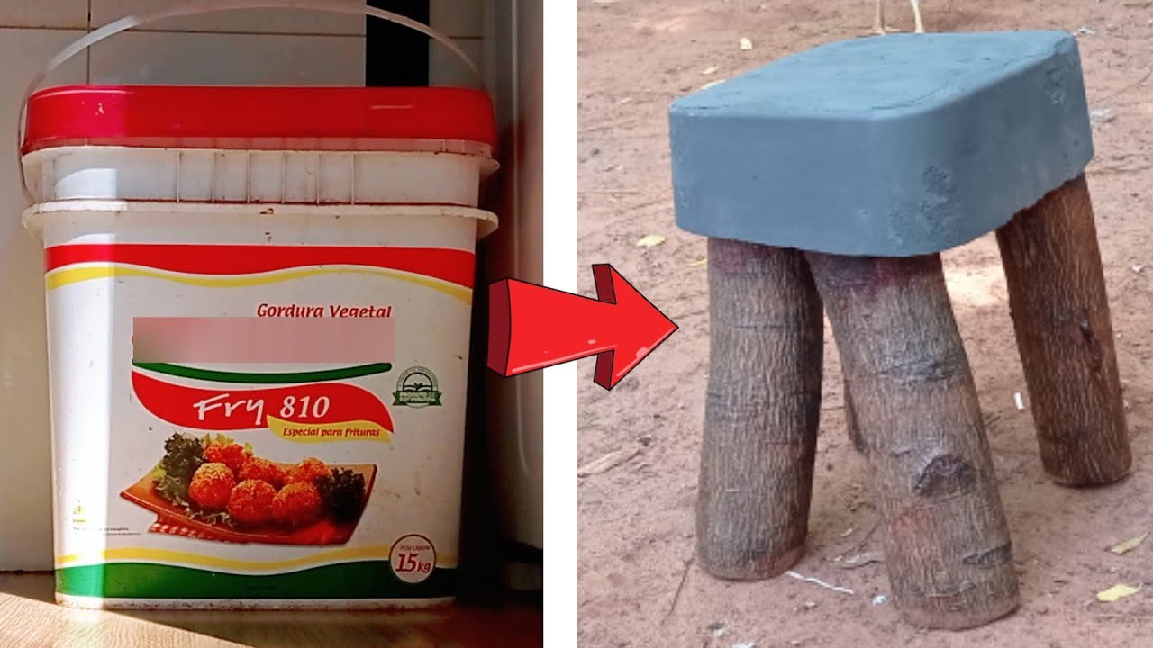 Um homem pega concreto, usa baldes comuns como fôrma improvisada, molda bancos, banquetas e suportes robustos e prova que não é preciso molde industrial caro para criar peças duráveis em casa